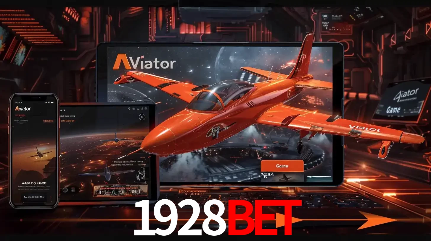 Apresentação tecnológica do jogo Aviator com um avião saindo da tela de um tablet, demonstrando a experiência imersiva em múltiplos dispositivos no 1928BET.