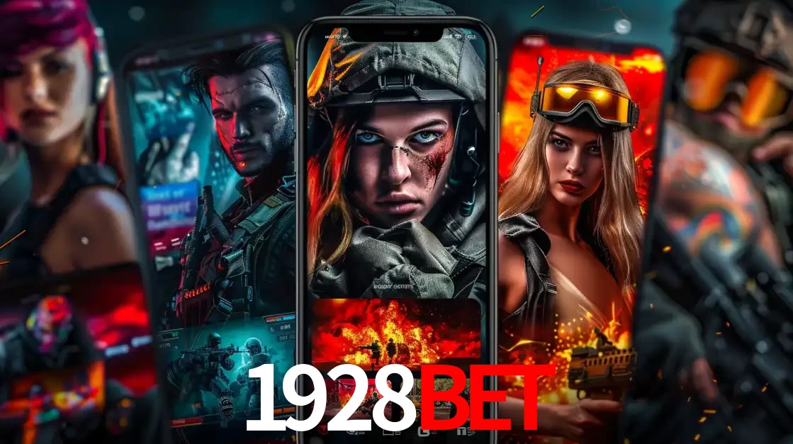 Montagem de telas de celular mostrando diversos personagens, masculinos e femininos, de um jogo de tiro, ilustrando a diversidade de equipes de e-sports para apostar no 1928BET.