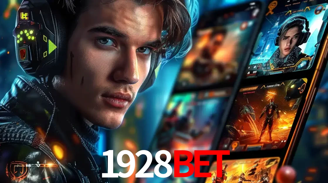 Jovem jogador com fones de ouvido olhando para a câmera, com um aplicativo de jogos e e-sports para celular ao fundo, pronto para a competição e apostas no 1928BET.