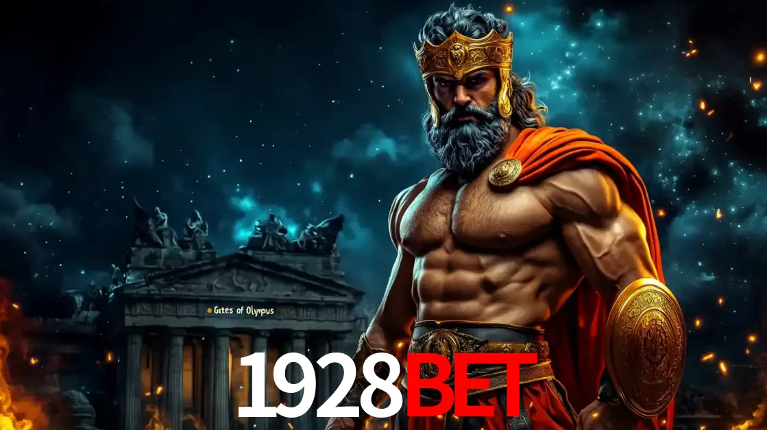 O poderoso Zeus do jogo de slot Gates of Olympus em frente ao seu templo, pronto para lançar multiplicadores divinos e prêmios épicos no cassino online 1928BET.