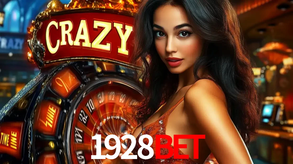Mulher glamourosa olhando para a câmera com a roda vermelha do Crazy Time ao fundo em um ambiente de cassino, destacando a emoção dos jogos ao vivo no 1928BET.