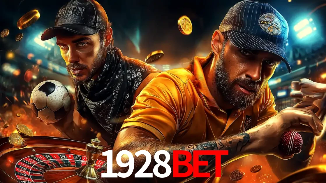 Montagem de apostas esportivas e cassino no 1928BET, com um homem segurando uma bola de futebol e outro uma de beisebol sobre uma roleta e moedas voadoras.