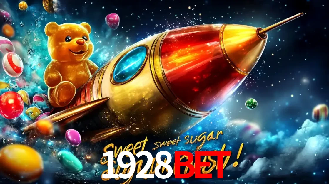 Arte promocional do jogo de slot Sugar Rush, com um urso de pelúcia em um foguete viajando pelo espaço de doces, um dos jogos divertidos disponíveis no cassino 1928BET.