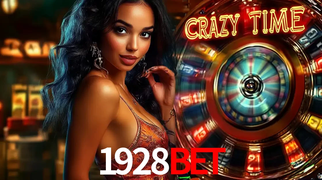Mulher elegante ao lado da vibrante roda da fortuna do jogo de cassino ao vivo Crazy Time, um dos game shows mais populares e cheios de prêmios do 1928BET.
